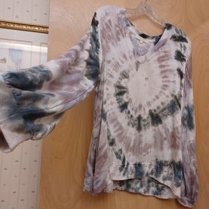 River + Sky Grey White Tie Dye Pullover knit warm sweater top Boho Soft Sz L